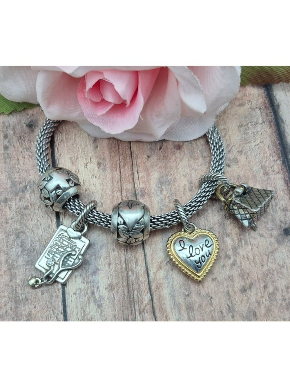 Brighton Mesh Charm Bracelet with Nurse Heart Purse Cross Spacers Two Tone CUTE